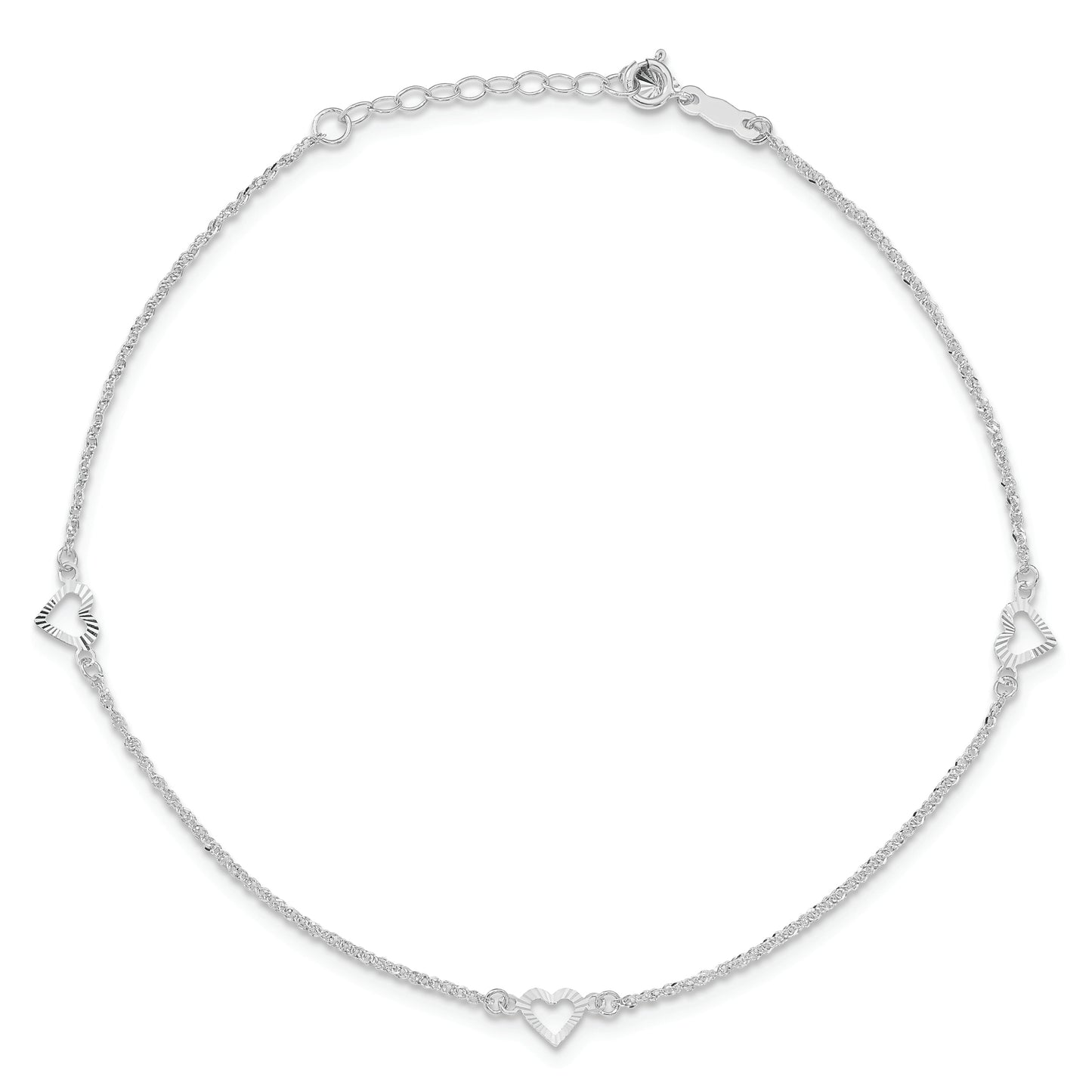 14k White Gold Diamond-cut Hearts 9in Plus 1in ext Anklet