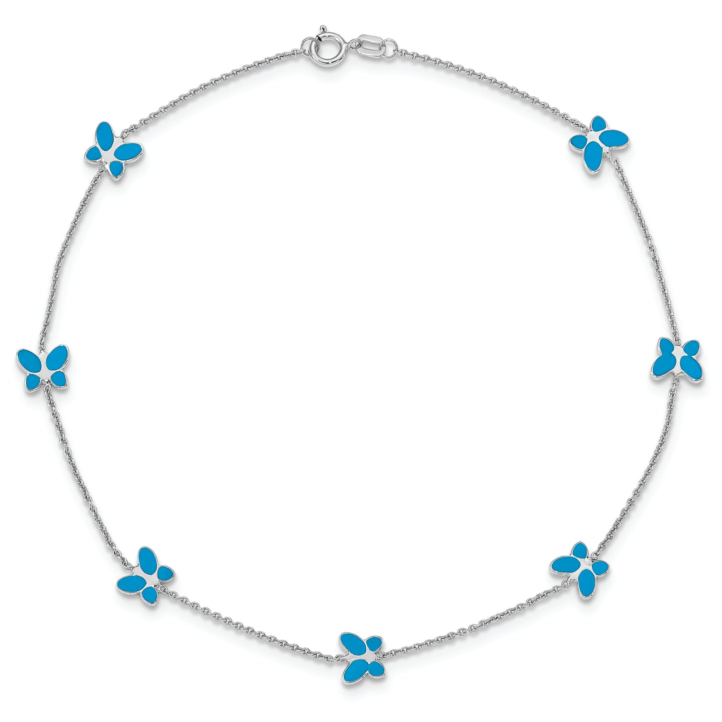 14k White Gold Blue Enameled Butterfly 10inch Anklet