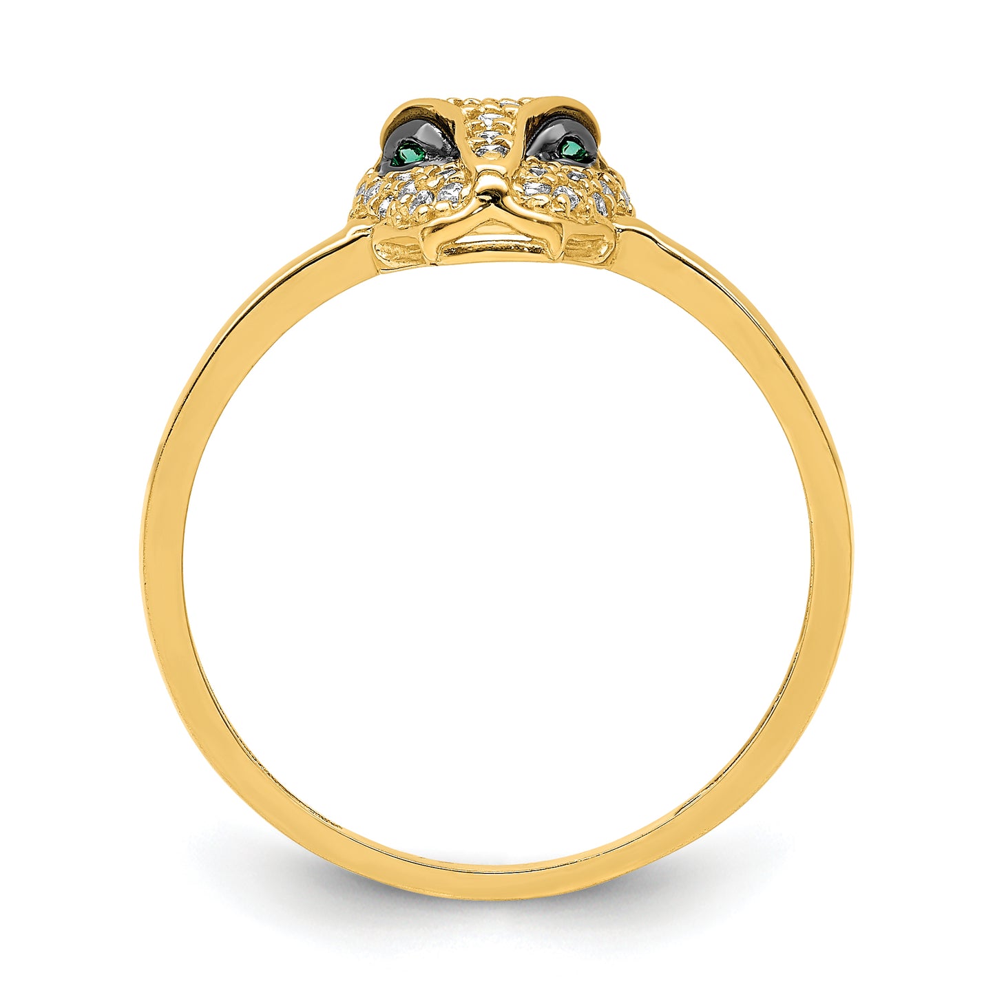 14K Polished Green & White CZ Lioness Head Ring