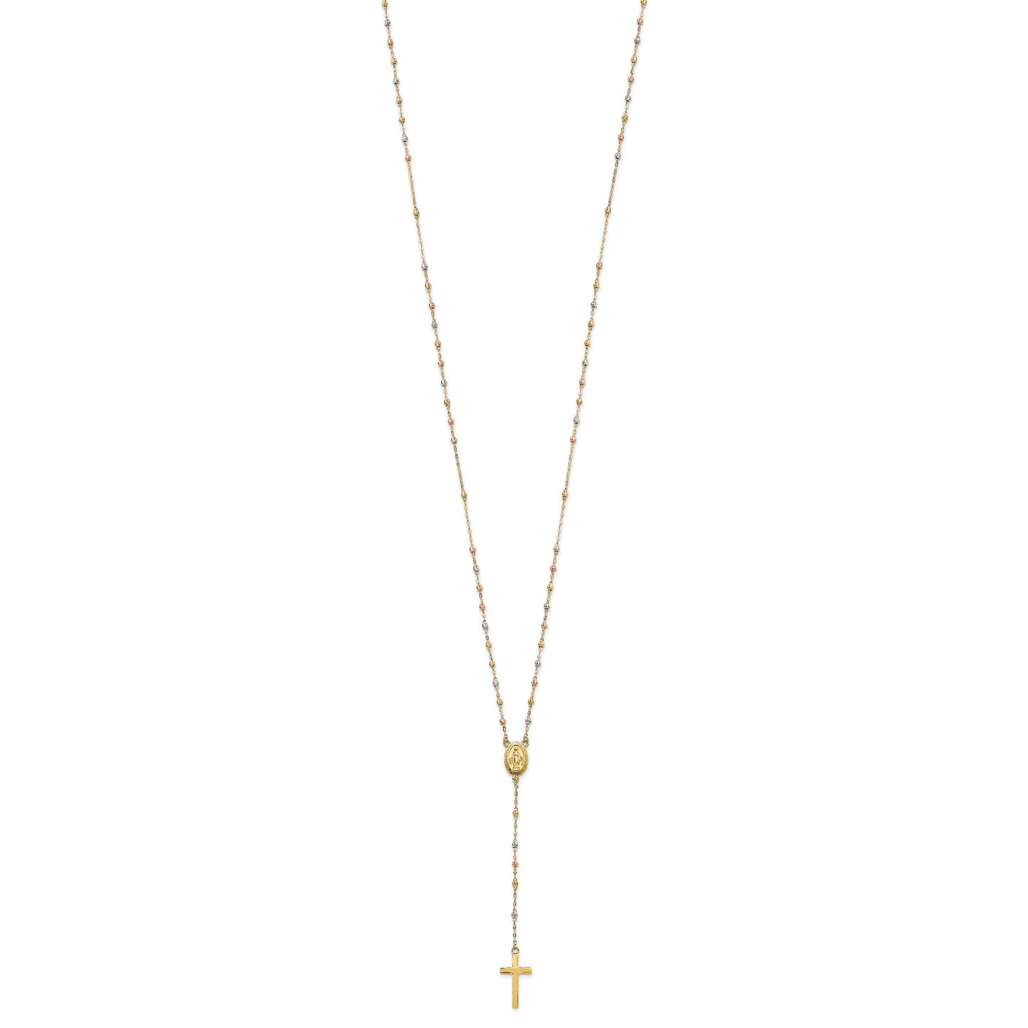 14k Tri-color Bead Rosary 17in w/3 in ext Necklace