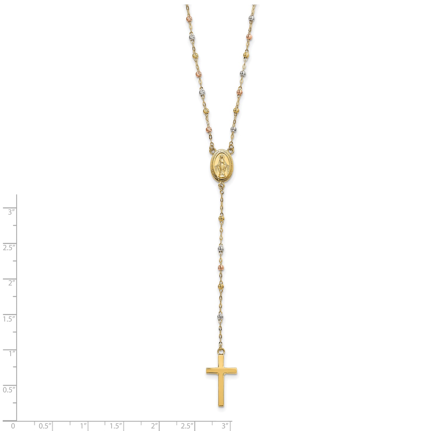 14k Tri-color Bead Rosary 17in w/3 in ext Necklace