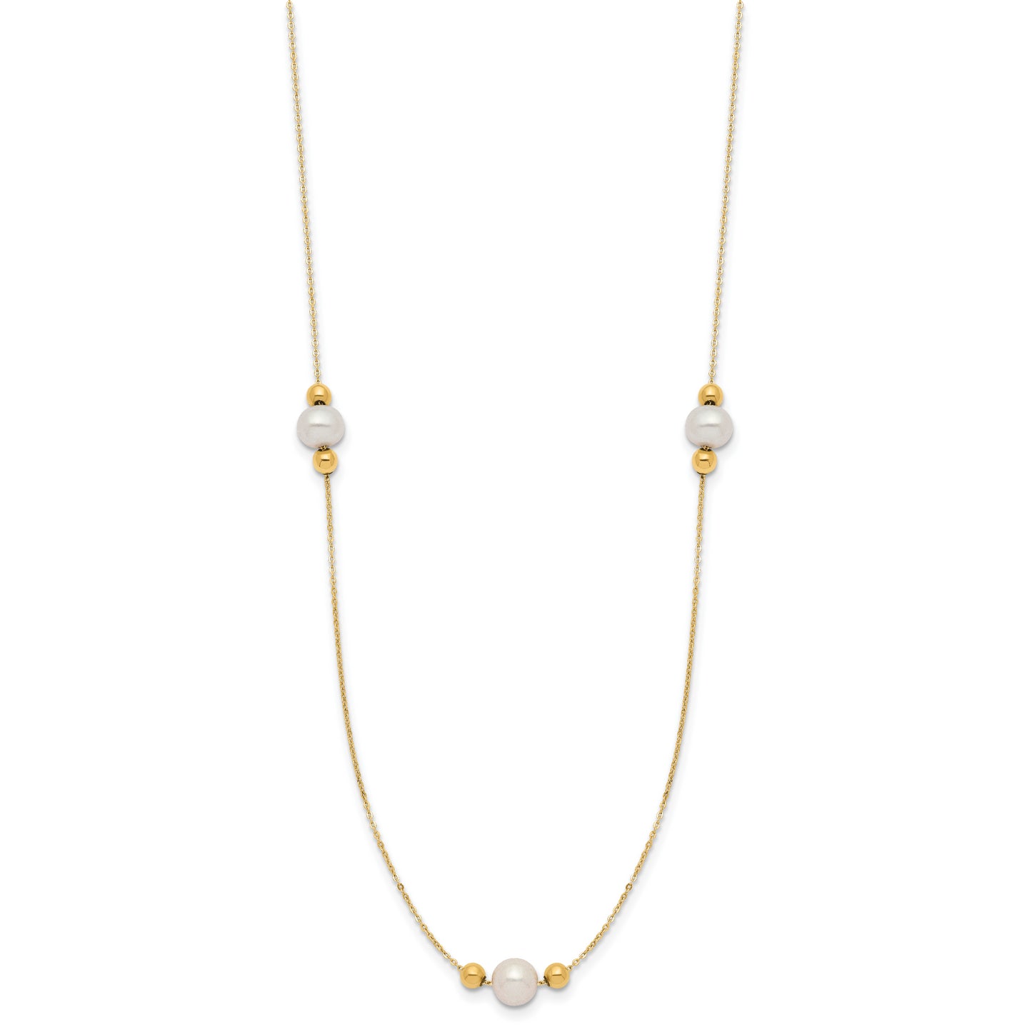 14K Polished FWC Pearl and Bead 3 Station 16in w/2 in ext. Necklace