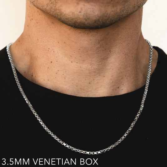 10K 3.5MM WHITE GOLD VENETIAN BOX 20" CHAIN NECKLACE (AVAILABLE IN LENGTHS 7" - 30")