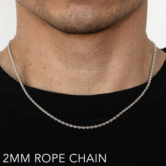 14K 2MM WHITE GOLD SOLID DC ROPE 16" CHAIN NECKLACE (AVAILABLE IN LENGTHS 7" - 30")