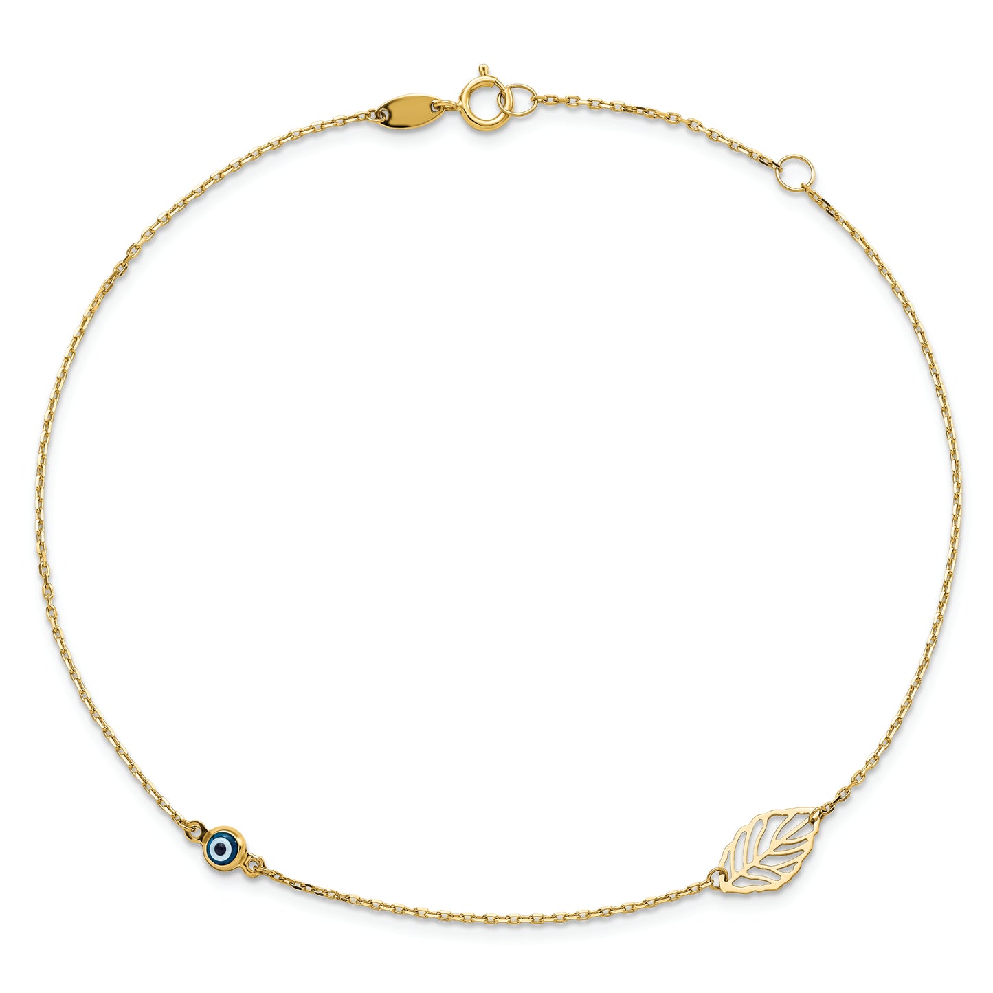 14k Leaf and Glass Eye Bead 9in Plus 1in Ext  Anklet