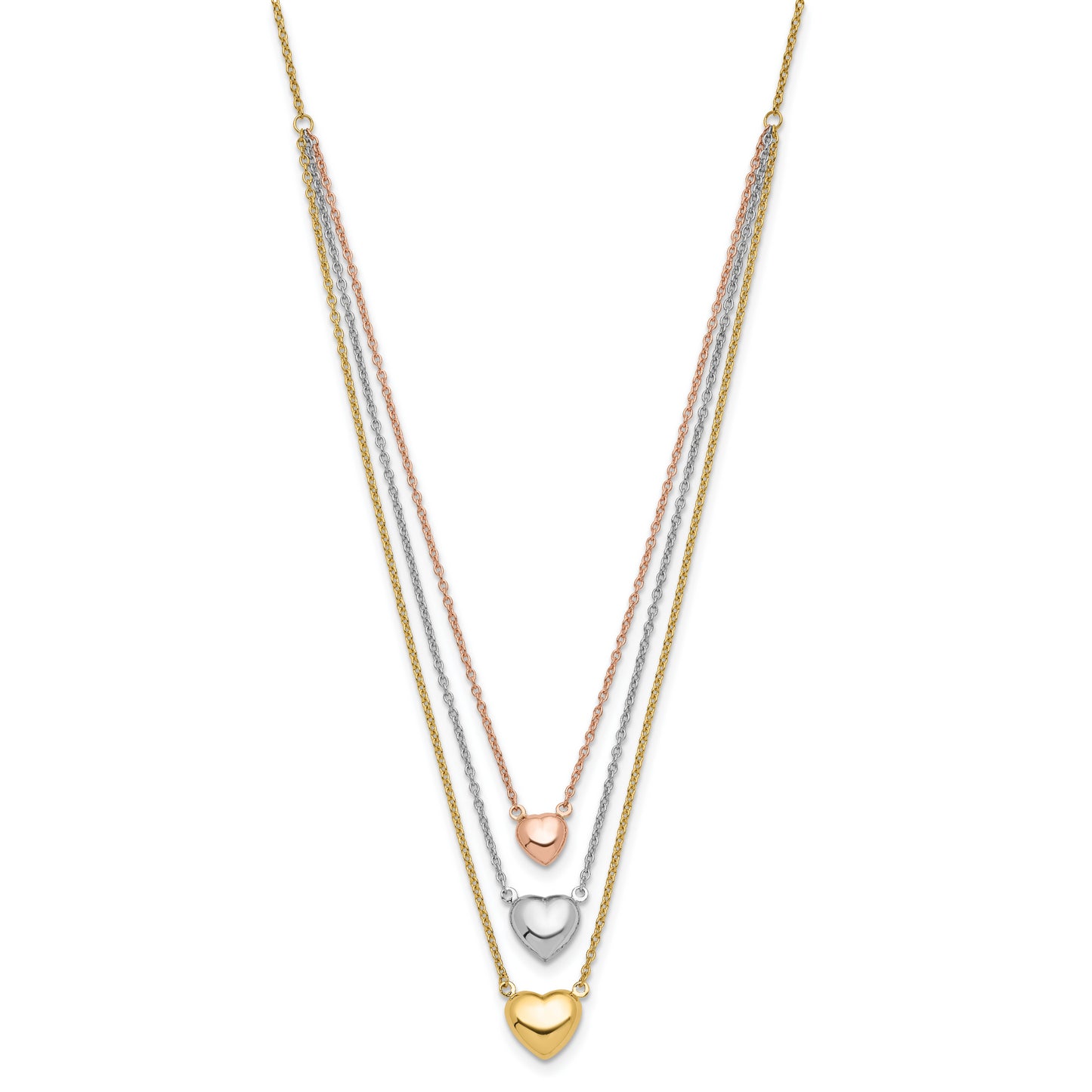14K Tri-color Three Heart w/ 1in ext. Necklace